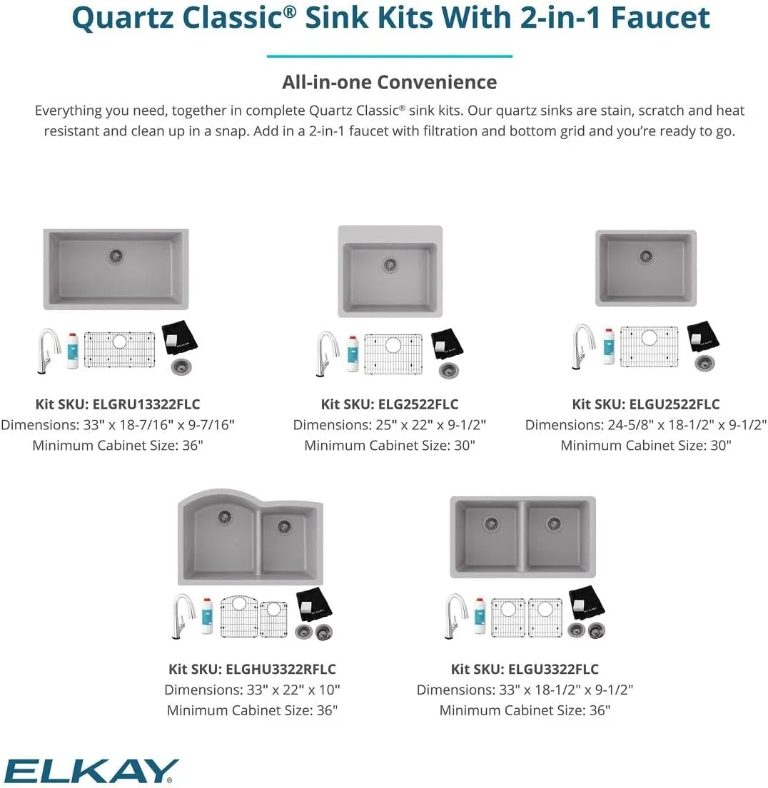 Elkay ELGHU3322RMB0C Quartz Classic 33" x 22" x 10", Offset 60/40 Double Bowl Undermount Sink Kit with Aqua Divide, Matte Black