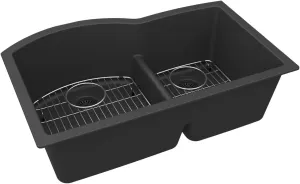 Elkay ELGHU3322RMB0C Quartz Classic 33" x 22" x 10", Offset 60/40 Double Bowl Undermount Sink Kit with Aqua Divide, Matte Black