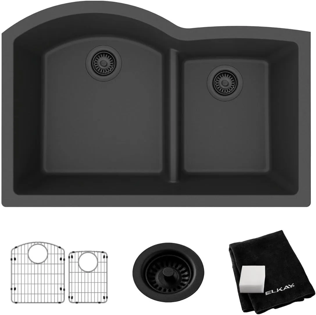 Elkay ELGHU3322RMB0C Quartz Classic 33" x 22" x 10", Offset 60/40 Double Bowl Undermount Sink Kit with Aqua Divide, Matte Black