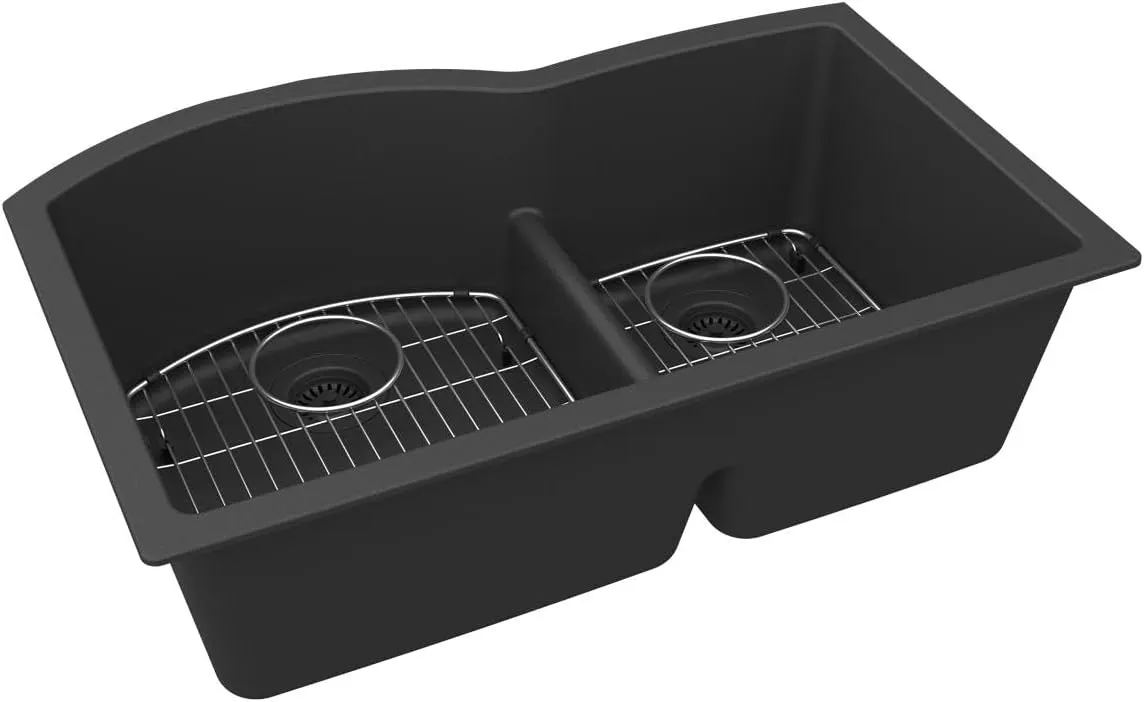 Elkay ELGHU3322RMB0C Quartz Classic 33" x 22" x 10", Offset 60/40 Double Bowl Undermount Sink Kit with Aqua Divide, Matte Black