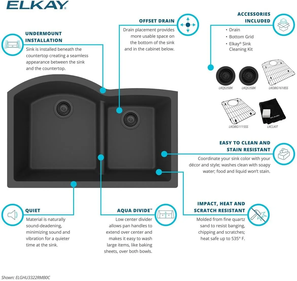 Elkay ELGHU3322RMB0C Quartz Classic 33" x 22" x 10", Offset 60/40 Double Bowl Undermount Sink Kit with Aqua Divide, Matte Black