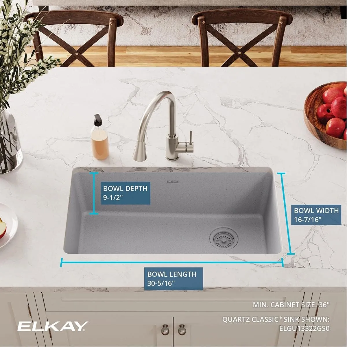 Elkay ELGU13322GS0 Quartz Classic Single Bowl Undermount Sink, Greystone
