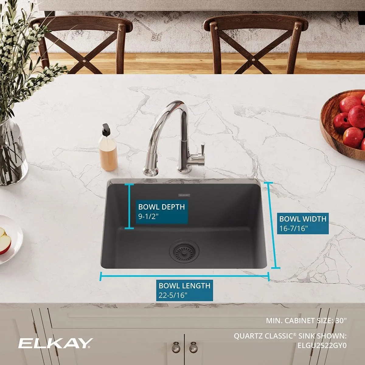 Elkay ELGU2522GY0 Quartz Classic Single Bowl Undermount Sink, Dusk Gray