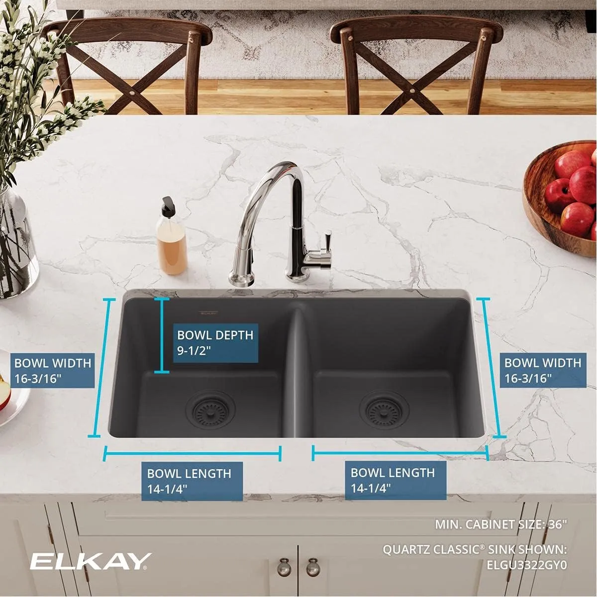 Elkay ELGU3322GY0 Quartz Classic Equal Double Bowl Undermount Sink, Dusk Gray