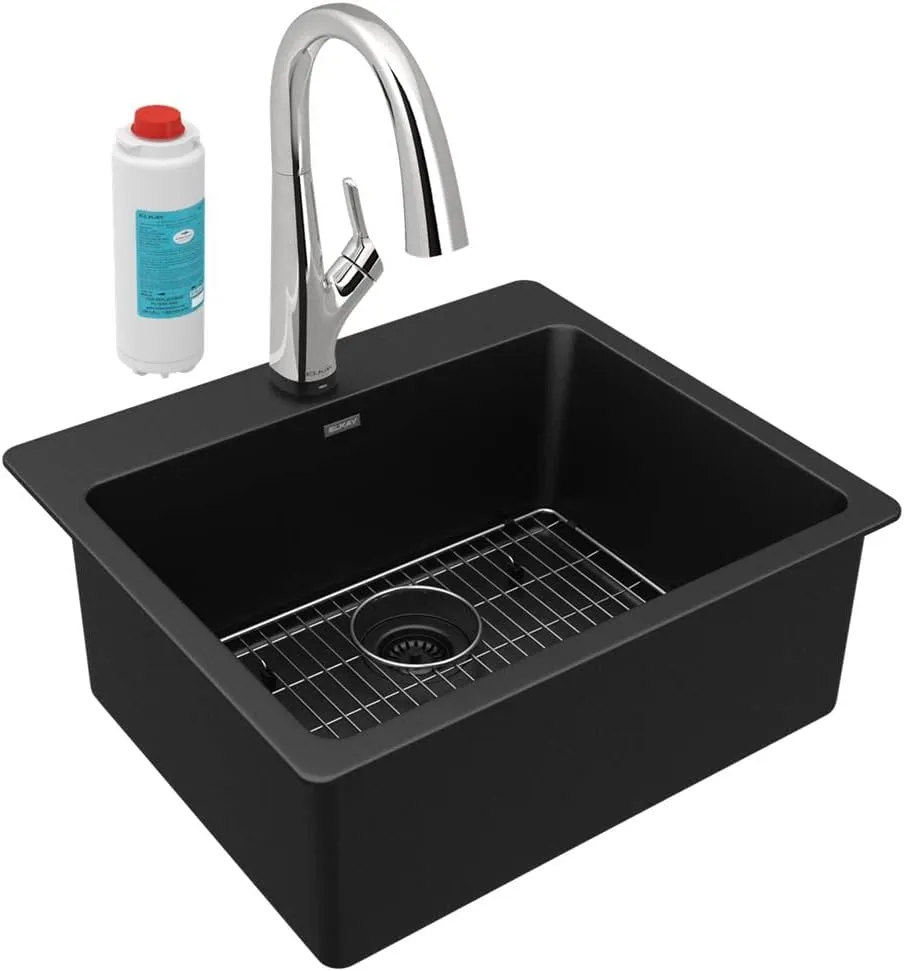 Elkay Quartz Classic 25" x 22" x 9-1/2" Single Bowl Drop-in Sink Kit with Filtered Faucet Black
