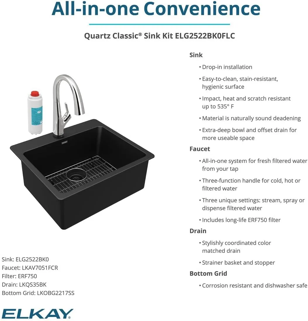 Elkay Quartz Classic 25" x 22" x 9-1/2" Single Bowl Drop-in Sink Kit with Filtered Faucet Black