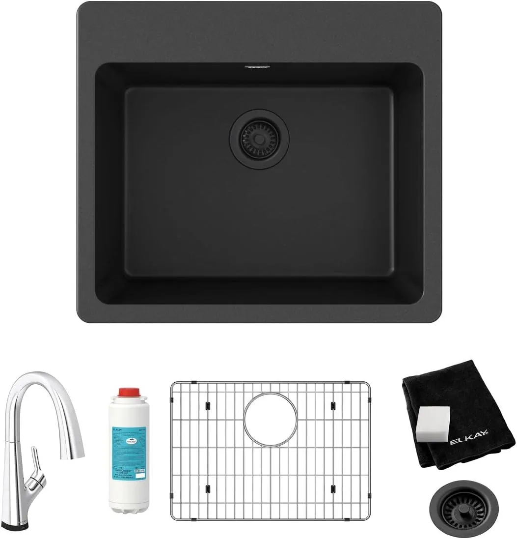Elkay Quartz Classic 25" x 22" x 9-1/2" Single Bowl Drop-in Sink Kit with Filtered Faucet Black