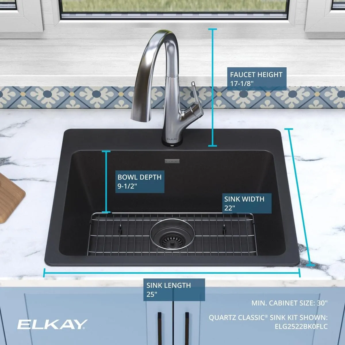 Elkay Quartz Classic 25" x 22" x 9-1/2" Single Bowl Drop-in Sink Kit with Filtered Faucet Black