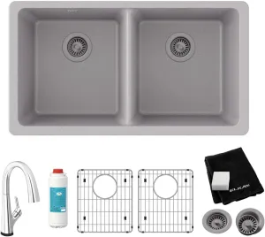 Elkay Quartz Classic 33" x 18-1/2" x 9-1/2" Equal Double Bowl Undermount Sink Kit with Filtered Faucet Greystone