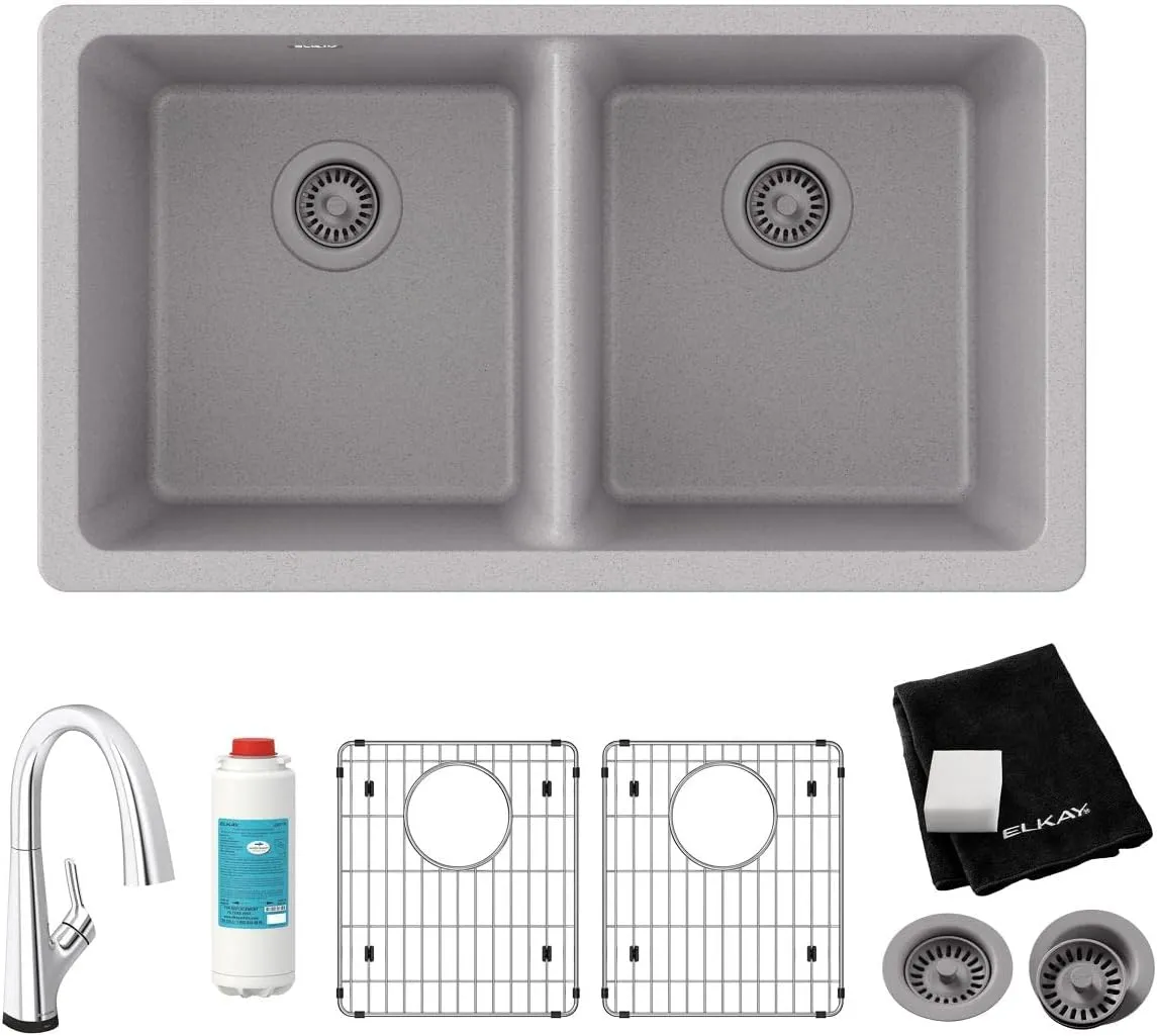 Elkay Quartz Classic 33" x 18-1/2" x 9-1/2" Equal Double Bowl Undermount Sink Kit with Filtered Faucet Greystone