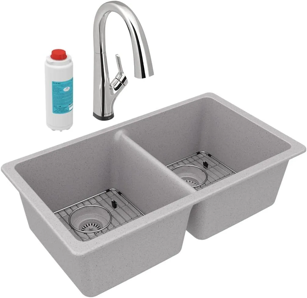 Elkay Quartz Classic 33" x 18-1/2" x 9-1/2" Equal Double Bowl Undermount Sink Kit with Filtered Faucet Greystone