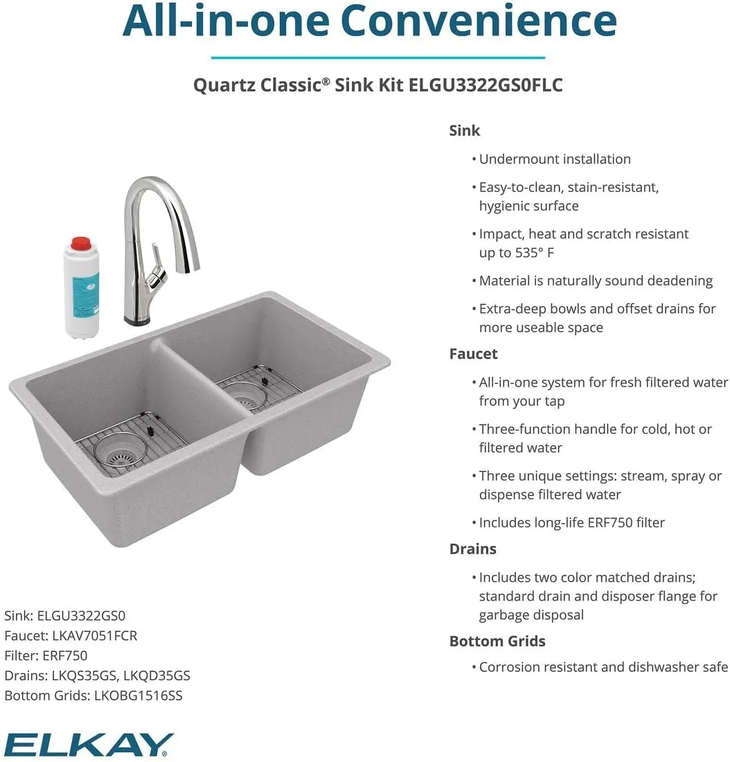 Elkay Quartz Classic 33" x 18-1/2" x 9-1/2" Equal Double Bowl Undermount Sink Kit with Filtered Faucet Greystone