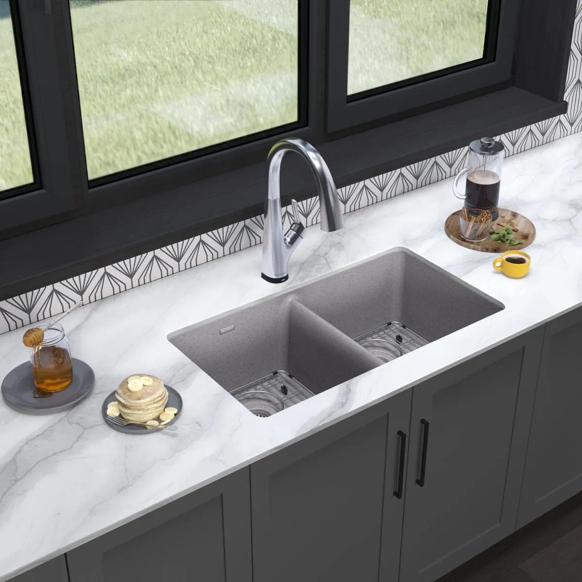 Elkay Quartz Classic 33" x 18-1/2" x 9-1/2" Equal Double Bowl Undermount Sink Kit with Filtered Faucet Greystone
