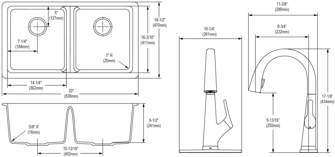 Elkay Quartz Classic 33" x 18-1/2" x 9-1/2" Equal Double Bowl Undermount Sink Kit with Filtered Faucet Greystone
