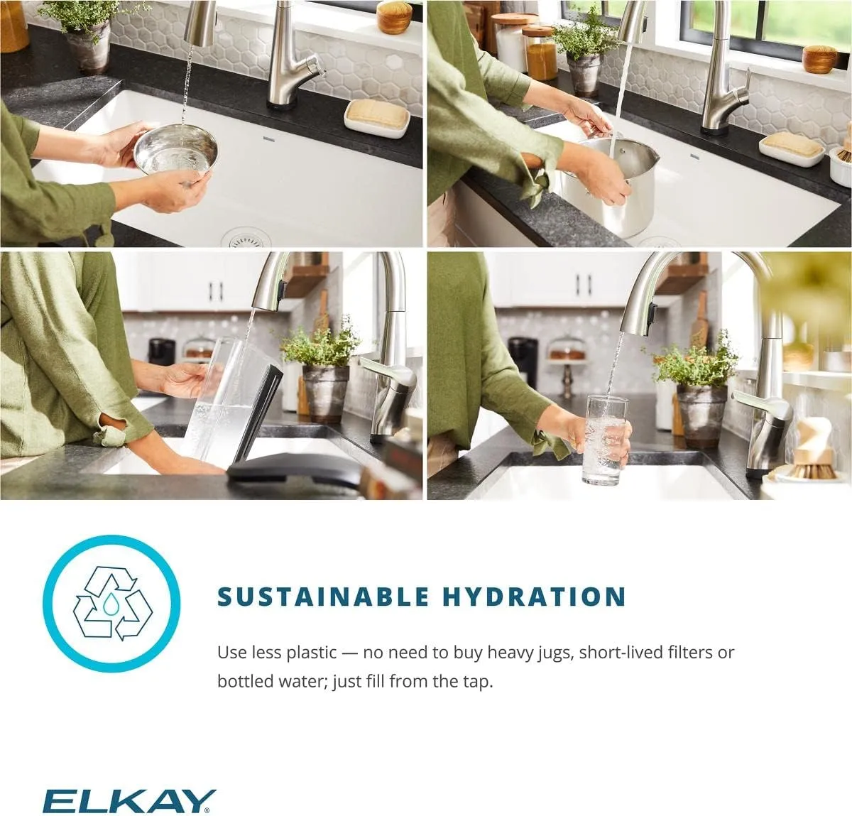 Elkay Quartz Classic 33" x 18-1/2" x 9-1/2" Equal Double Bowl Undermount Sink Kit with Filtered Faucet Greystone