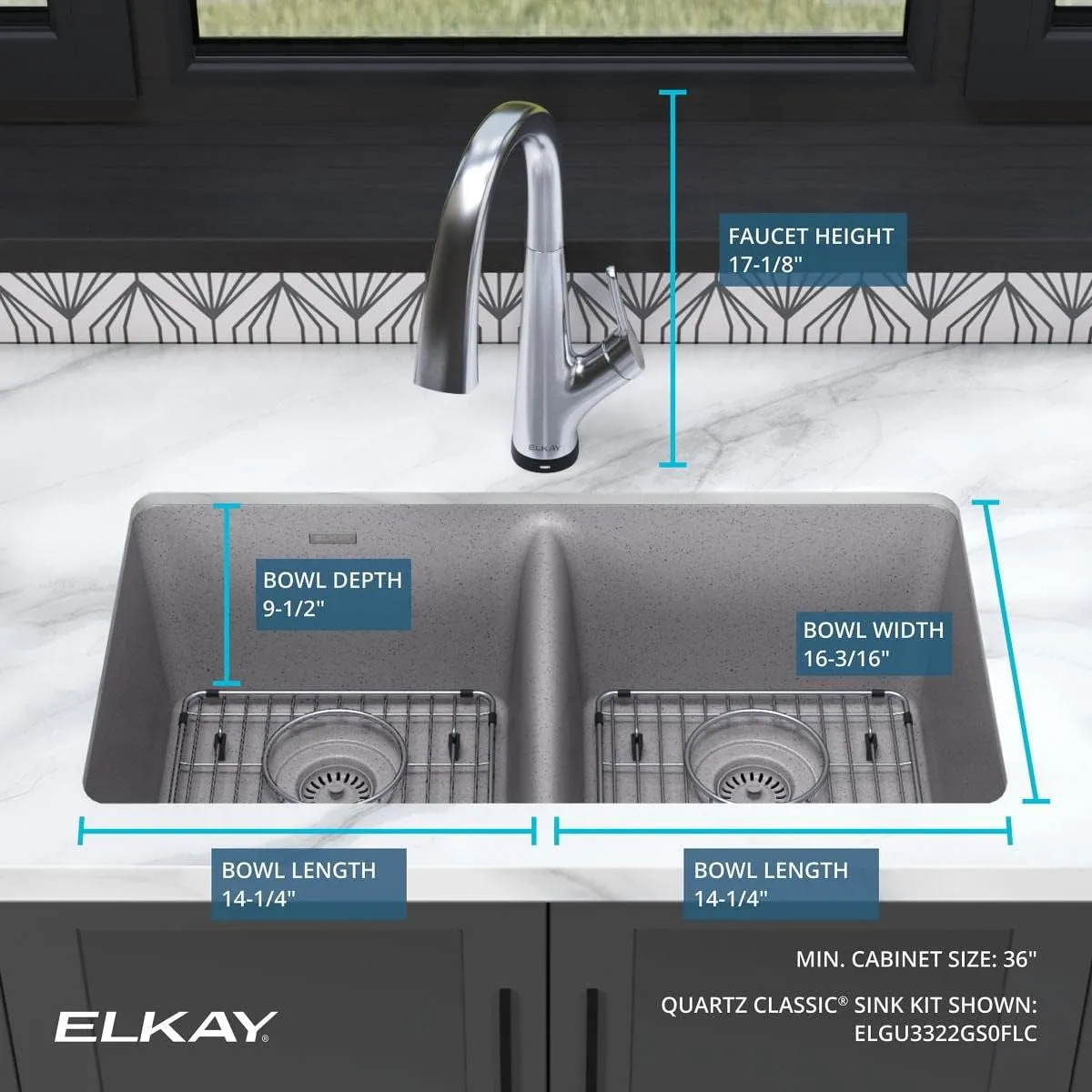 Elkay Quartz Classic 33" x 18-1/2" x 9-1/2" Equal Double Bowl Undermount Sink Kit with Filtered Faucet Greystone