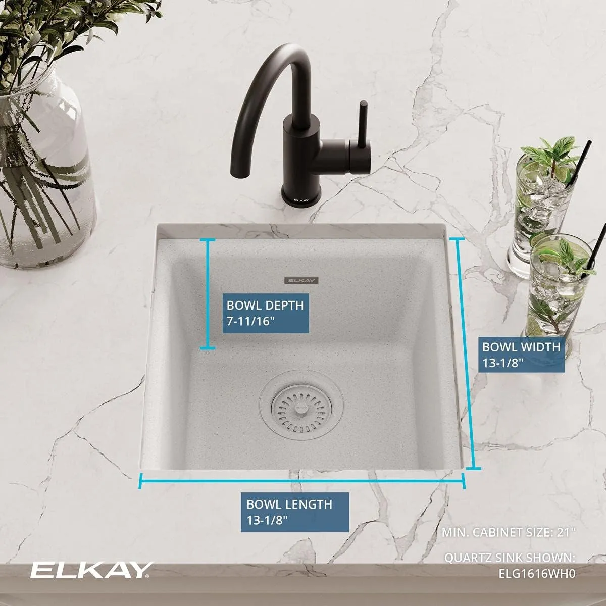 Elkay Quartz Classic ELG1616WH0 White Single Bowl Dual Mount Bar Sink