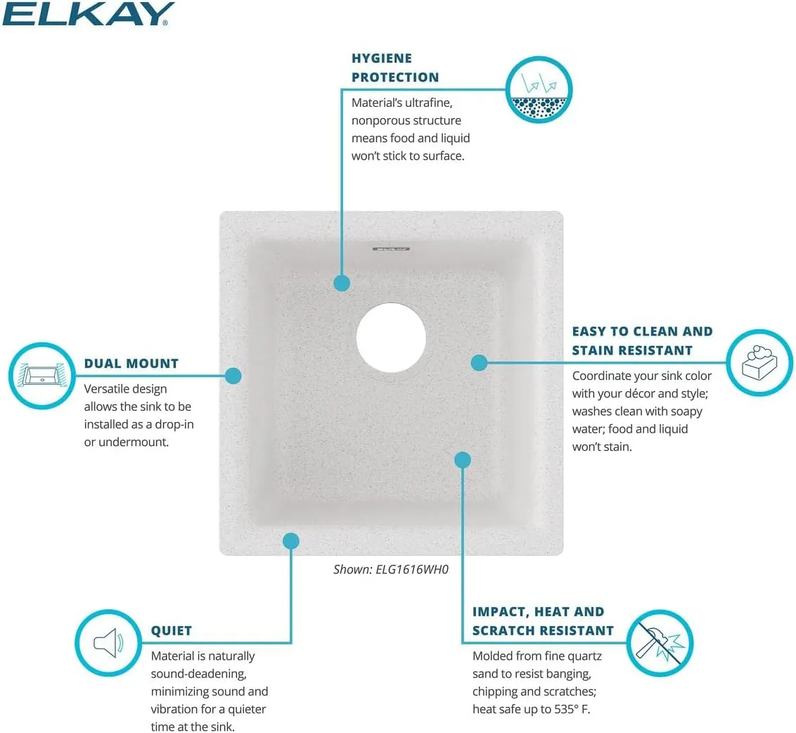 Elkay Quartz Classic ELG1616WH0 White Single Bowl Dual Mount Bar Sink