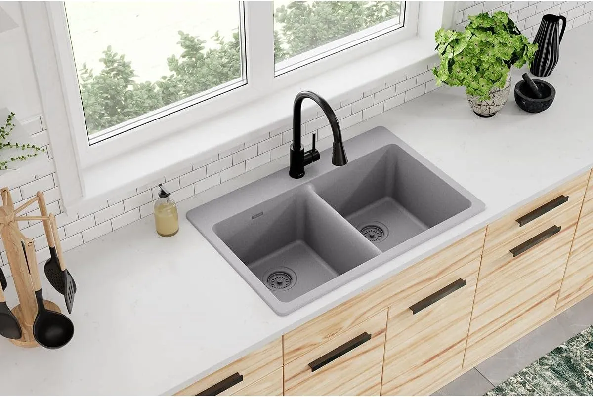 Elkay Quartz Classic ELG3322GS0 Greystone Equal Double Bowl Top Mount Sink