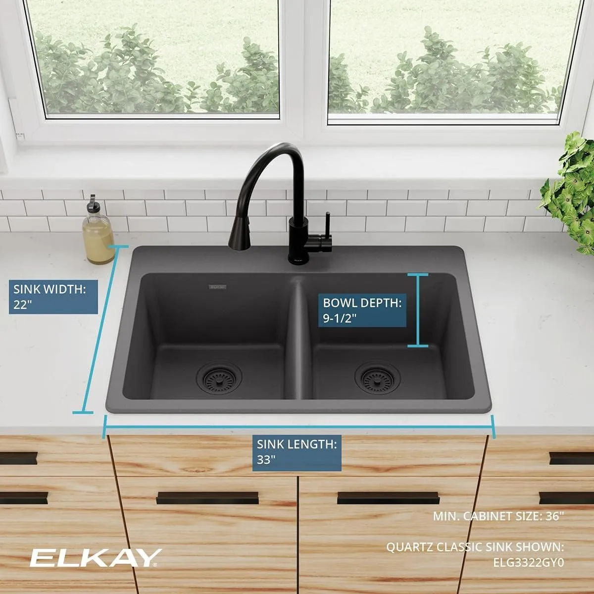 Elkay Quartz Classic ELG3322GY0 Dusk Gray Equal Double Bowl Top Mount Sink