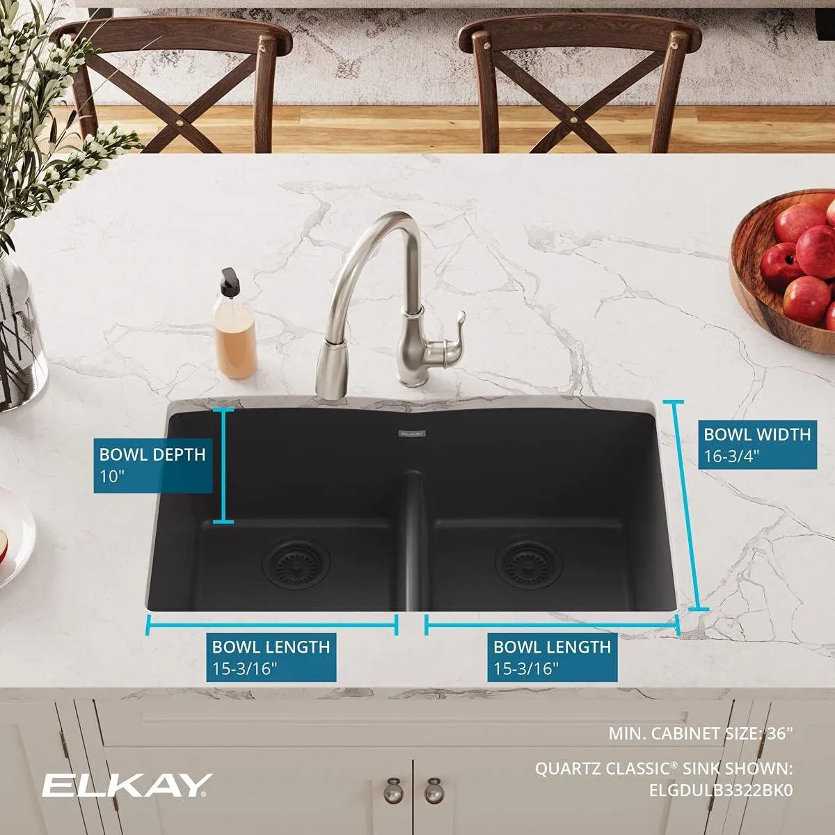 Elkay Quartz Classic ELGDULB3322BK0 Black Equal Double Bowl Undermount Sink