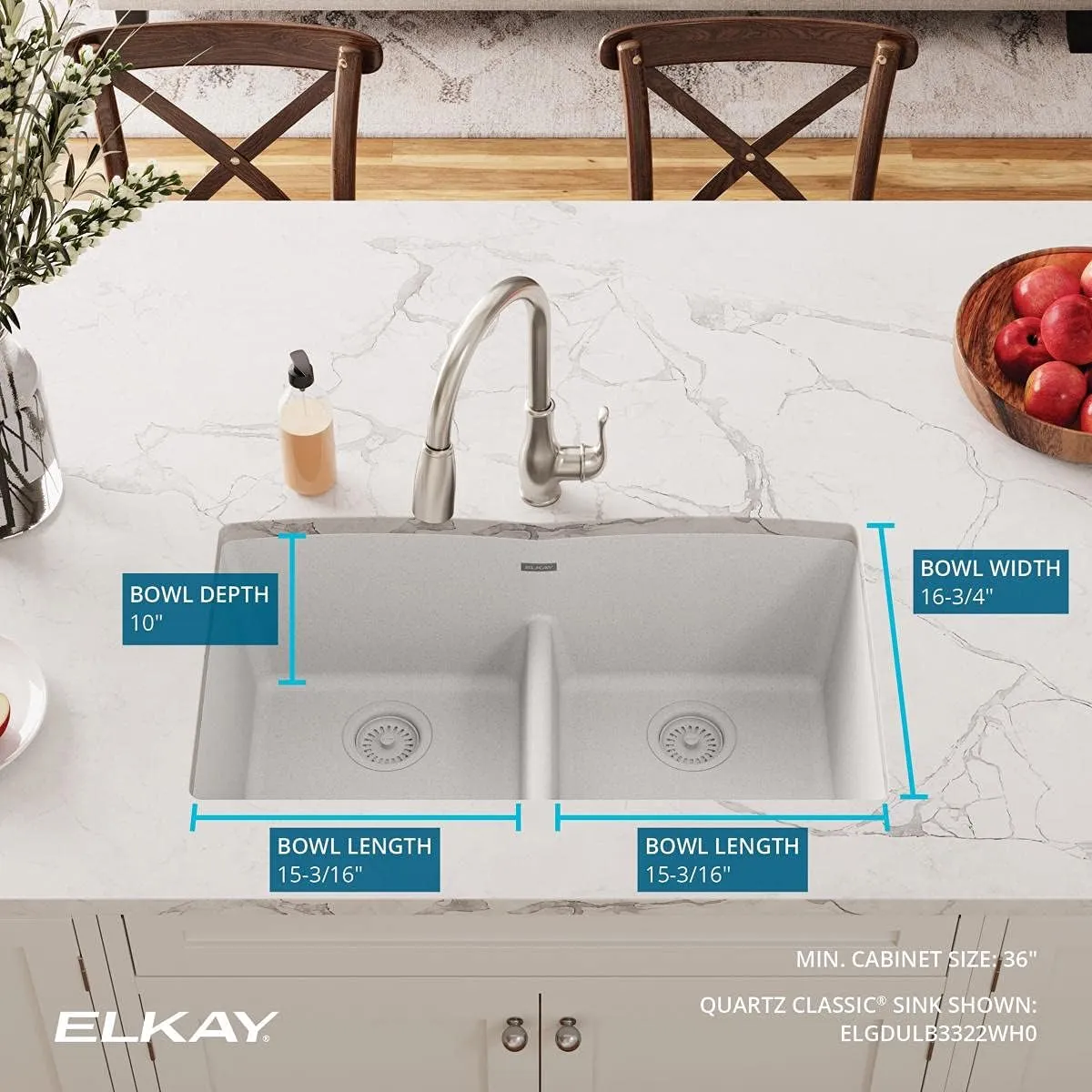 Elkay Quartz Classic ELGDULB3322WH0 White Equal Double Bowl Undermount Sink