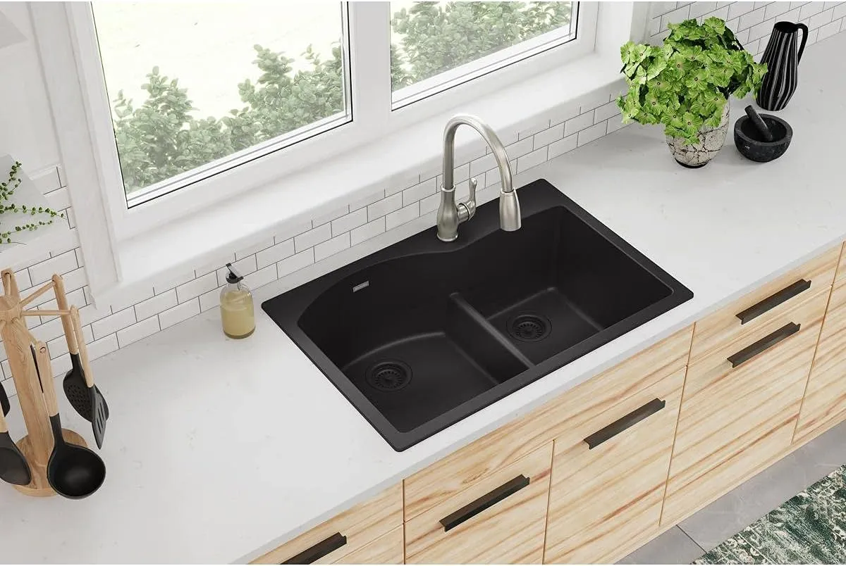 Elkay Quartz Classic ELGH3322RBK0 Black Offset 60/40 Double Bowl Top Mount Sink