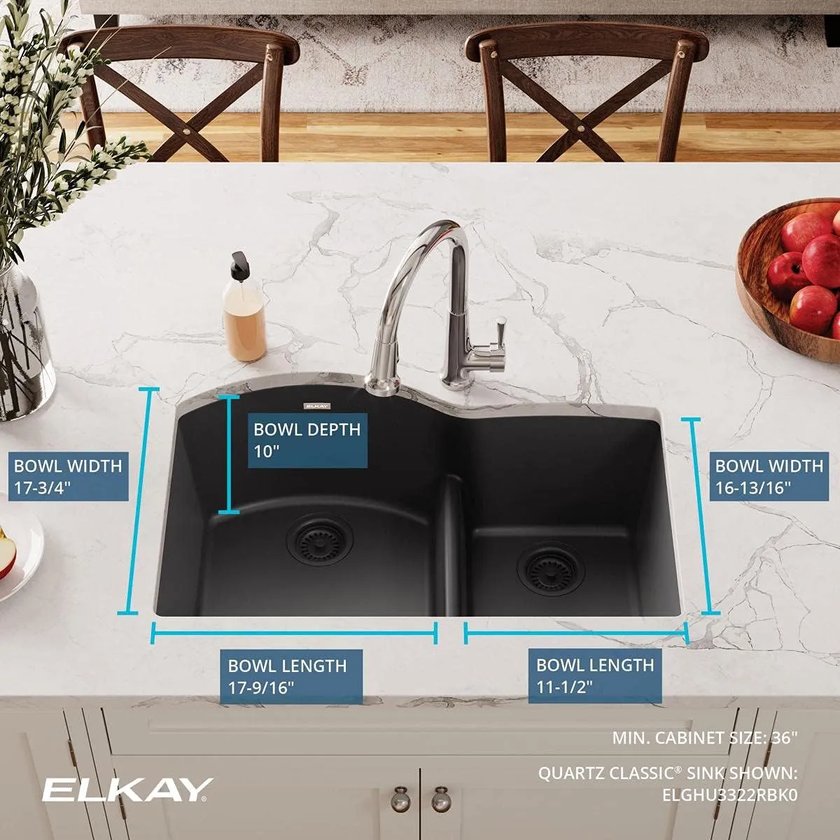 Elkay Quartz Classic ELGHU3322RBK0 Black Offset 60/40 Double Bowl Undermount Sink with Aqua Divide