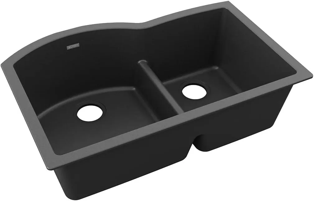 Elkay Quartz Classic ELGHU3322RBK0 Black Offset 60/40 Double Bowl Undermount Sink with Aqua Divide