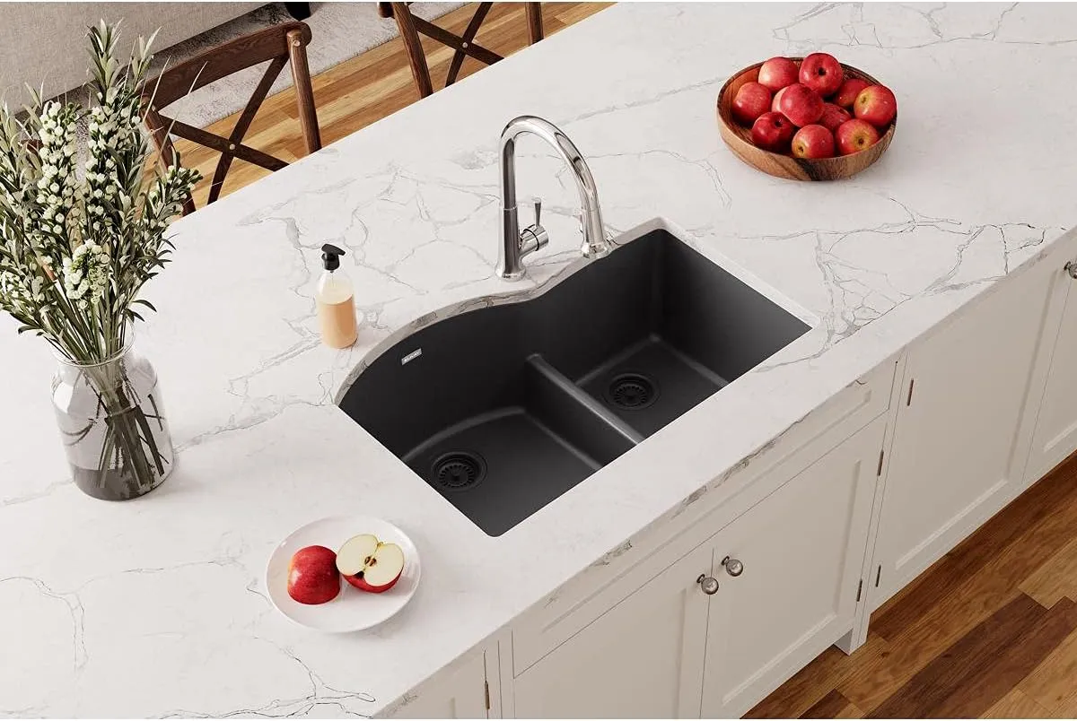 Elkay Quartz Classic ELGHU3322RBK0 Black Offset 60/40 Double Bowl Undermount Sink with Aqua Divide