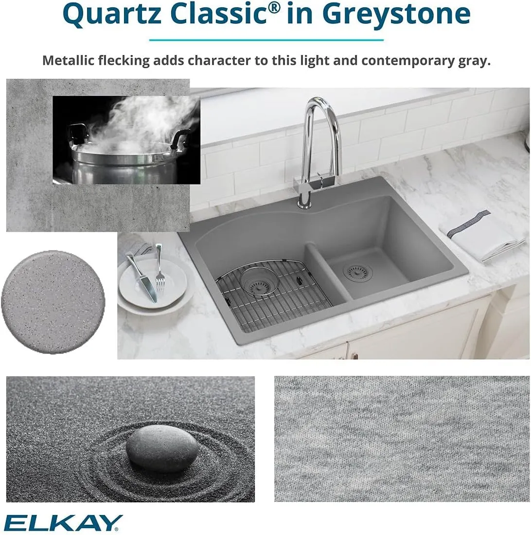 Elkay Quartz Classic ELGHU3322RGS0 Greystone Offset 60/40 Double Bowl Undermount Sink with Aqua Divide