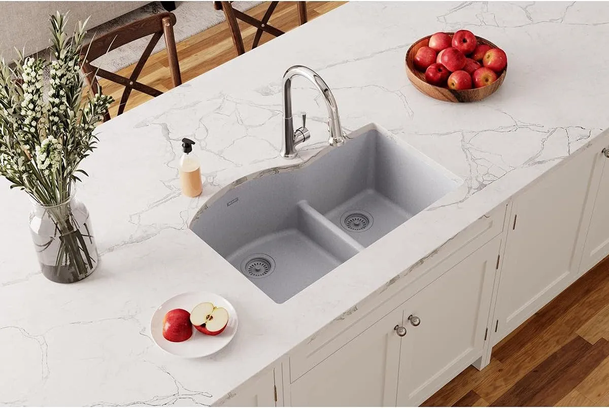 Elkay Quartz Classic ELGHU3322RGS0 Greystone Offset 60/40 Double Bowl Undermount Sink with Aqua Divide