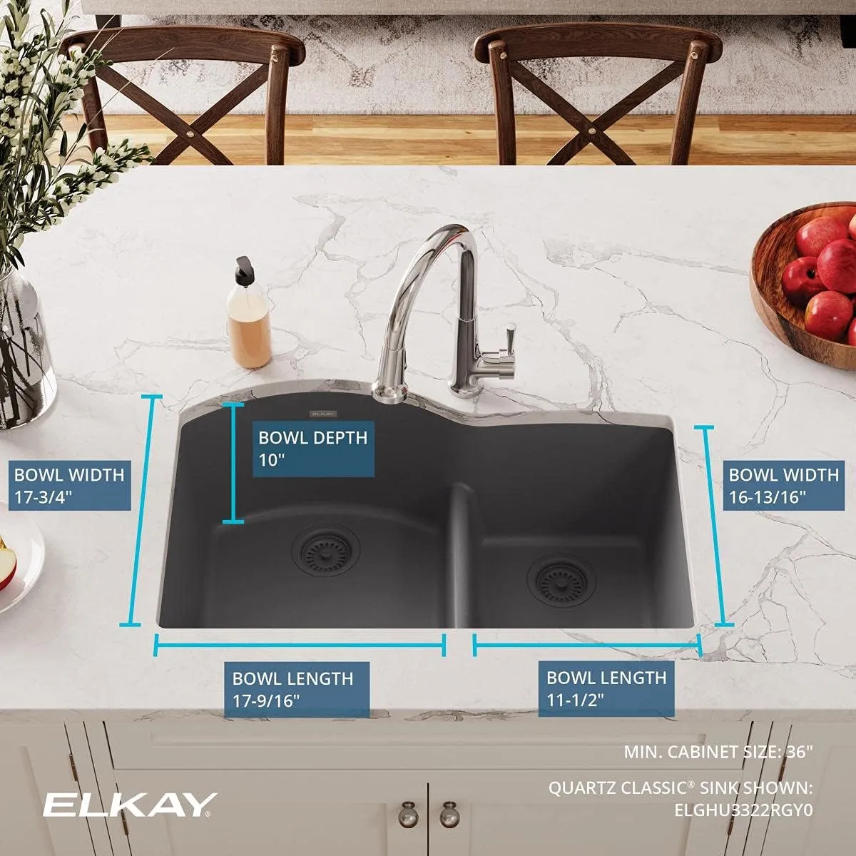 Elkay Quartz Classic ELGHU3322RGY0 Dusk Gray Offset 60/40 Double Bowl Undermount Sink with Aqua Divide