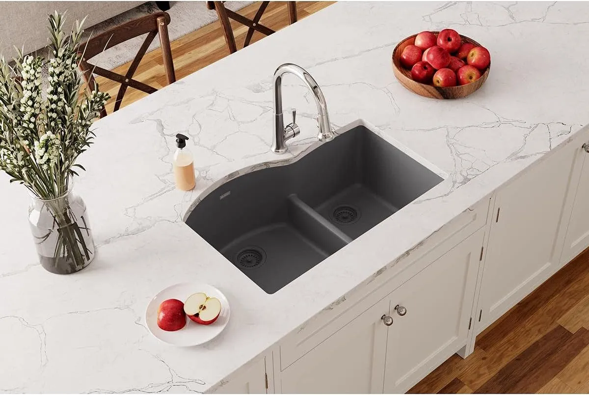 Elkay Quartz Classic ELGHU3322RGY0 Dusk Gray Offset 60/40 Double Bowl Undermount Sink with Aqua Divide