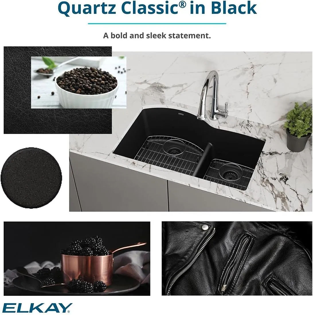 Elkay Quartz Classic ELGRU13322BK0C 33" Single Bowl Undermount Sink Kit, Black