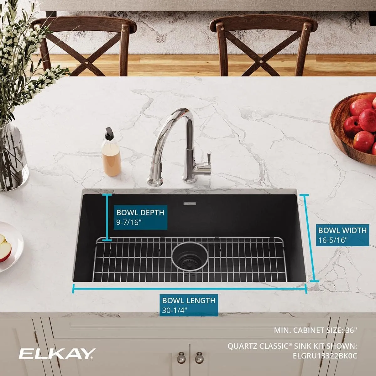 Elkay Quartz Classic ELGRU13322BK0C 33" Single Bowl Undermount Sink Kit, Black