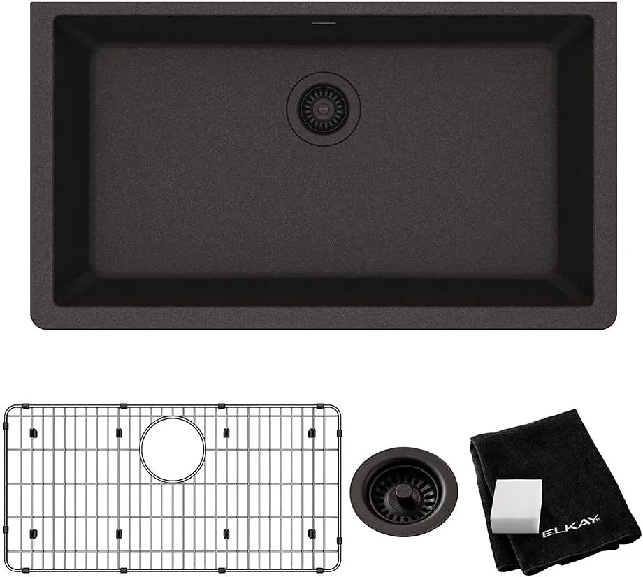 Elkay Quartz Classic ELGRU13322BK0C 33" Single Bowl Undermount Sink Kit, Black