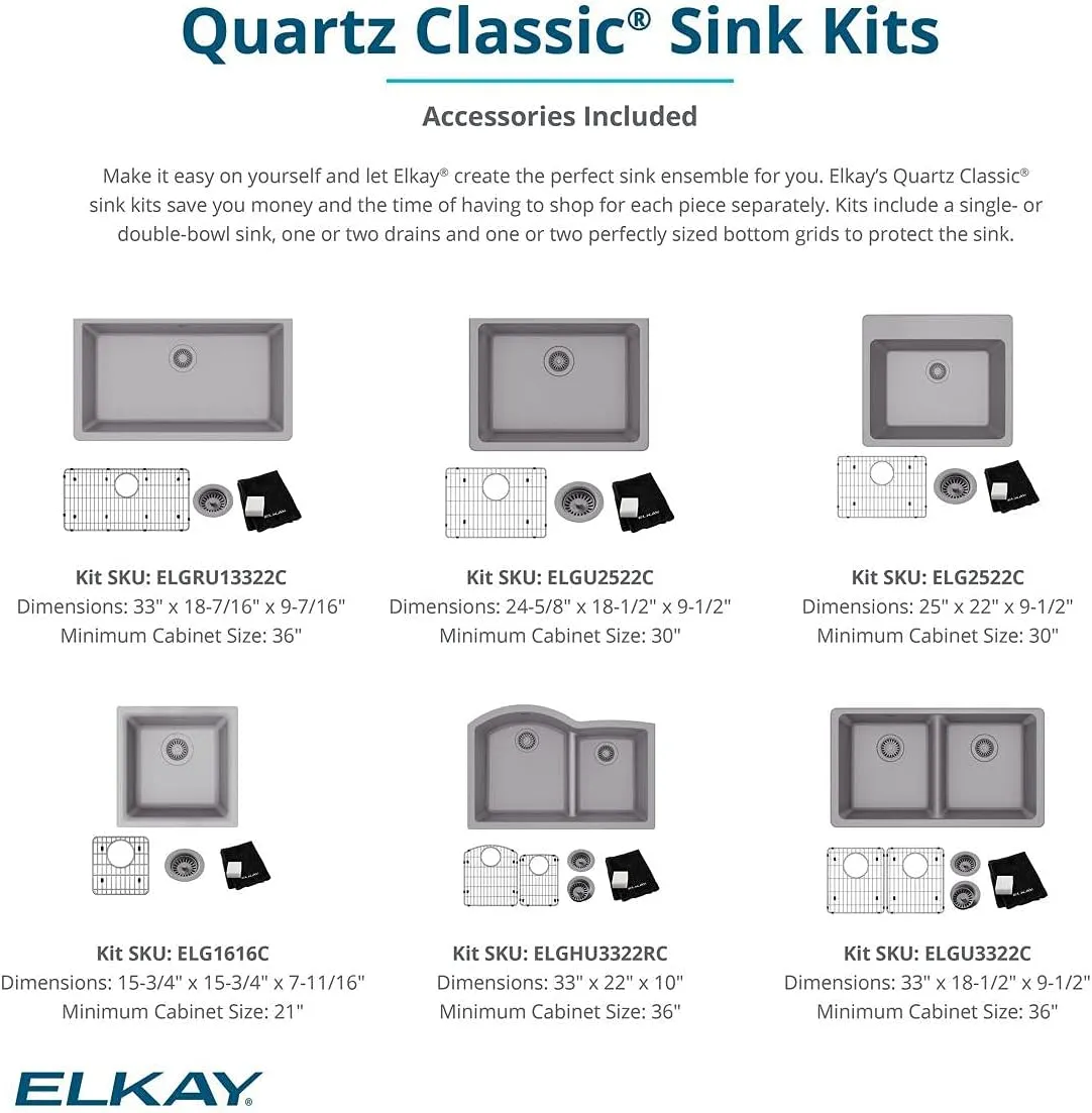 Elkay Quartz Classic ELGRU13322BK0C 33" Single Bowl Undermount Sink Kit, Black