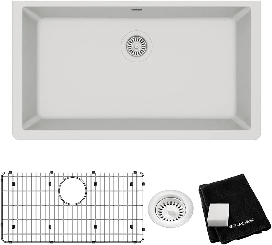 Elkay Quartz Classic ELGRU13322WH0C 33" Single Bowl Undermount Sink Kit, White