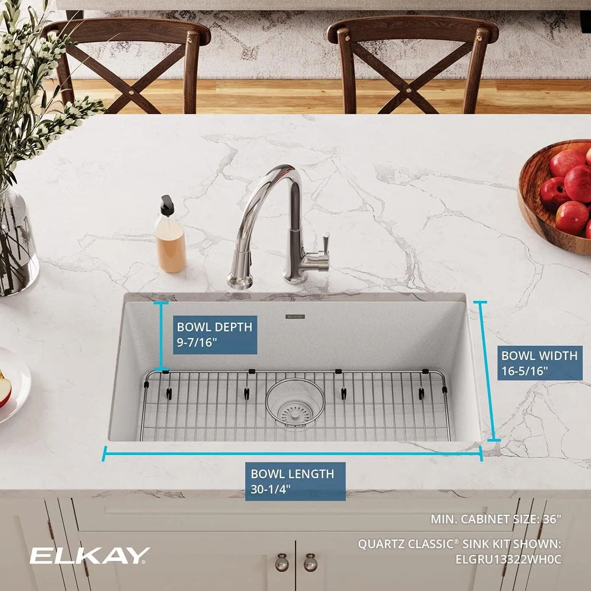 Elkay Quartz Classic ELGRU13322WH0C 33" Single Bowl Undermount Sink Kit, White