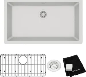 Elkay Quartz Classic ELGRU13322WH0C 33" Single Bowl Undermount Sink Kit, White