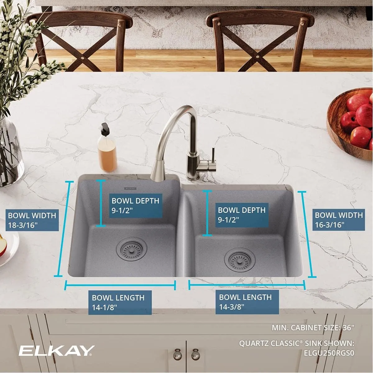 Elkay Quartz Classic ELGU250RGS0 Greystone Offset Double Bowl Undermount Sink