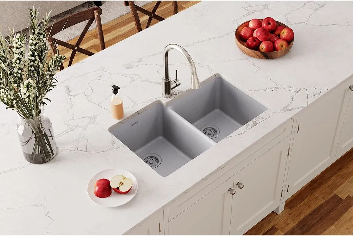Elkay Quartz Classic ELGU250RGS0 Greystone Offset Double Bowl Undermount Sink