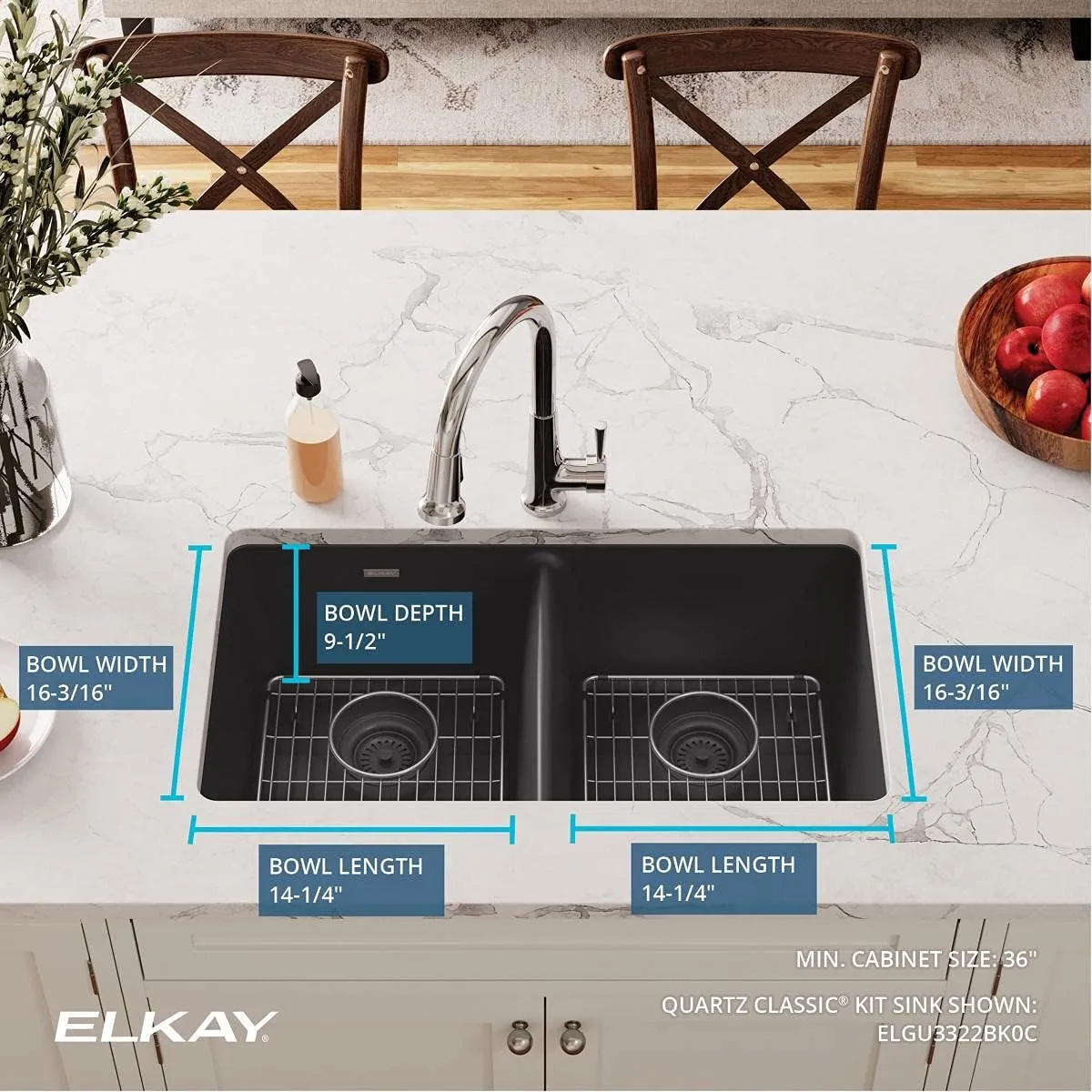 Elkay Quartz Classic ELGU3322BK0C 33" x 18-1/2" x 9-1/2", Equal Double Bowl Undermount Sink Kit, Black