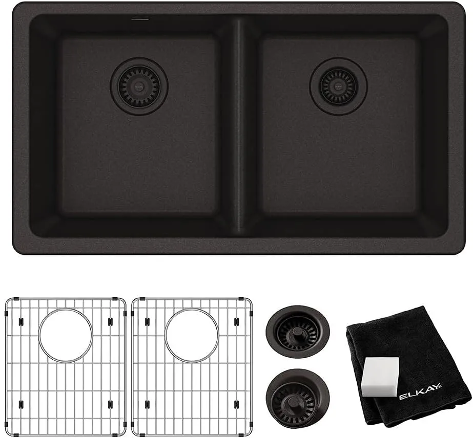 Elkay Quartz Classic ELGU3322BK0C 33" x 18-1/2" x 9-1/2", Equal Double Bowl Undermount Sink Kit, Black