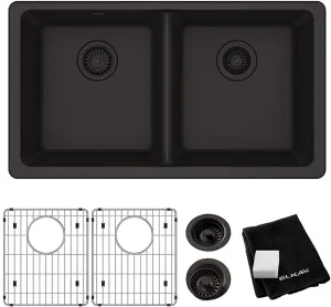 Elkay Quartz Classic ELGU3322BK0C 33" x 18-1/2" x 9-1/2", Equal Double Bowl Undermount Sink Kit, Black