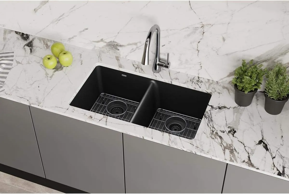 Elkay Quartz Classic ELGU3322BK0C 33" x 18-1/2" x 9-1/2", Equal Double Bowl Undermount Sink Kit, Black