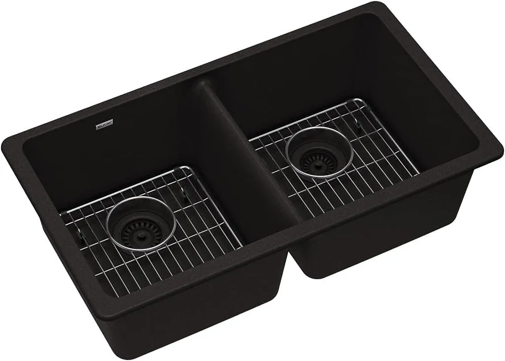 Elkay Quartz Classic ELGU3322BK0C 33" x 18-1/2" x 9-1/2", Equal Double Bowl Undermount Sink Kit, Black
