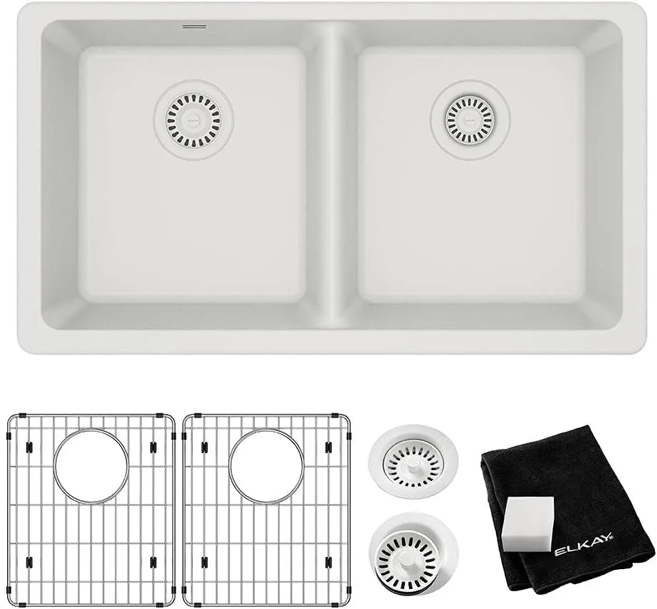 Elkay Quartz Classic ELGU3322WH0C 33" x 18-1/2" x 9-1/2", Equal Double Bowl Undermount Sink Kit, White