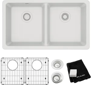 Elkay Quartz Classic ELGU3322WH0C 33" x 18-1/2" x 9-1/2", Equal Double Bowl Undermount Sink Kit, White